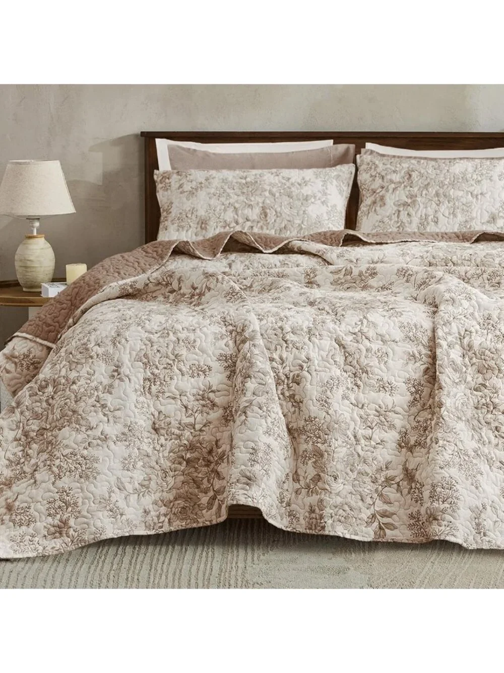 Taupe Floral King Quilt Set - 3-Piece Lightweight Cotton Bedding, Vintage